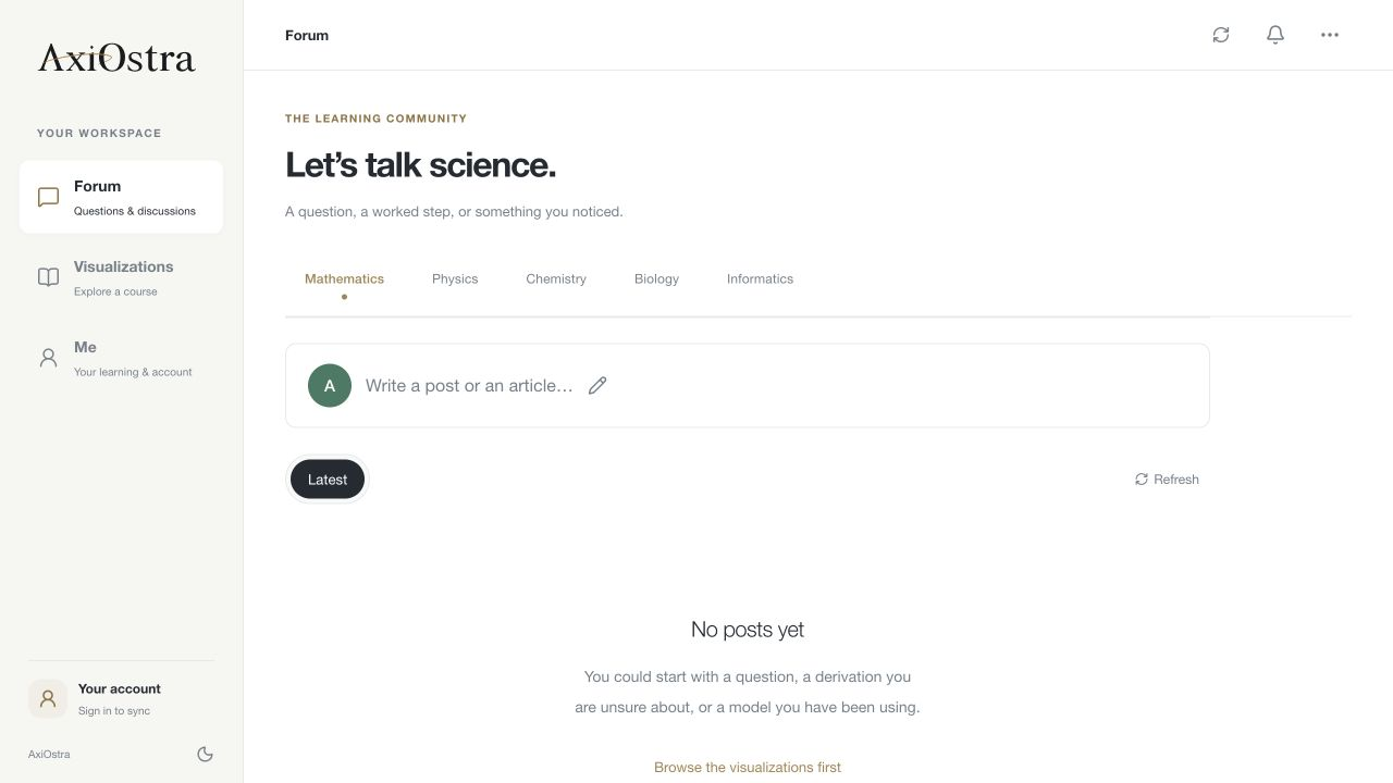 The AxiOstra desktop app, showing Forum and the Forum, Visualizations and Me sidebar